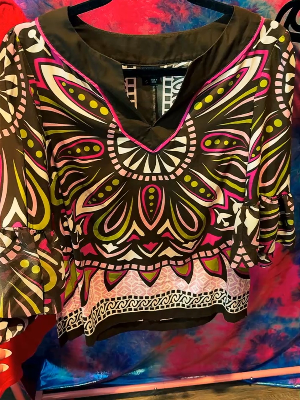 Nicole by Nicole Miller brown Tunic with Pink and Lime Graphic Print